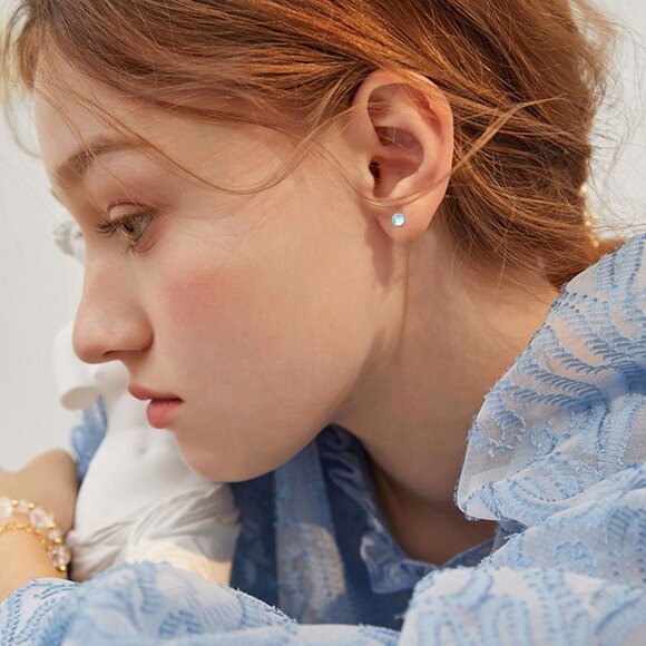 Earrings for Sensitive Ears Synthetic Moonstone Earrings Round Earrings Sterling - Picture 2 of 6